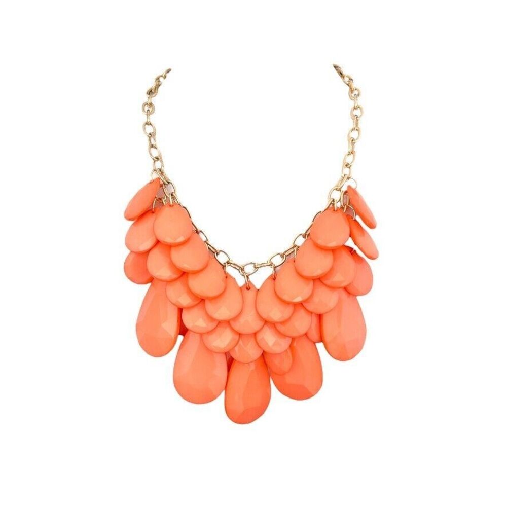 New Susan Graver Drop Statement Necklace Coral Acrylic Gold Tone - 1Y